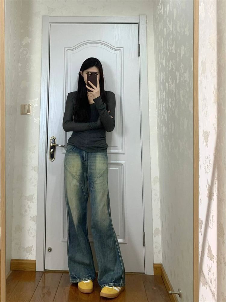 High Waist Washed Wide Leg Jeans (Various Designs)