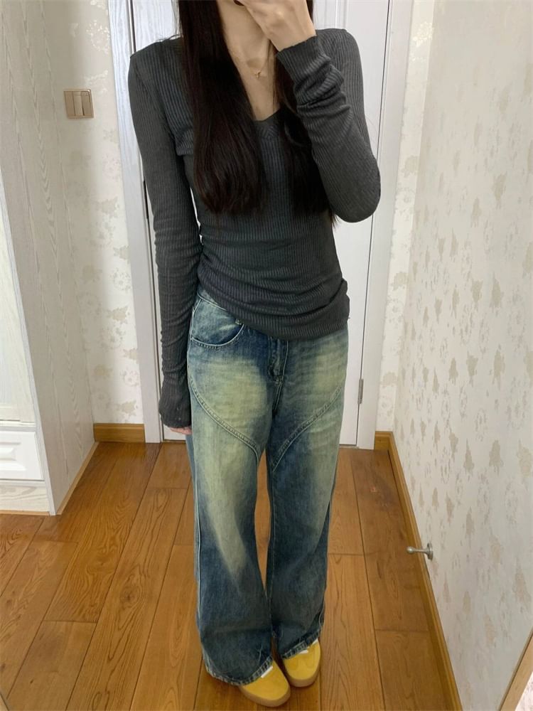 High Waist Washed Wide Leg Jeans (Various Designs)