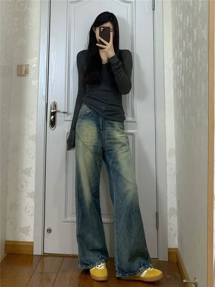 High Waist Washed Wide Leg Jeans (Various Designs)