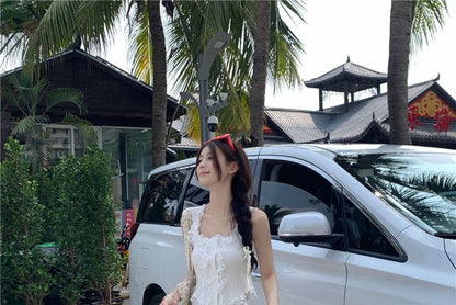 High Rise Plain Maxi A-Line Skirt / Lace Trim Tank Top