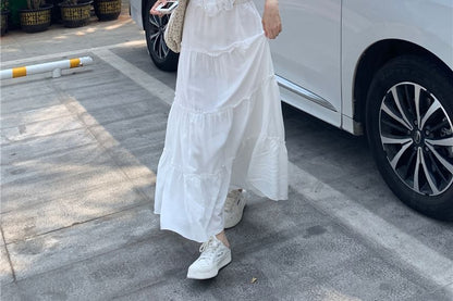 High Rise Plain Maxi A-Line Skirt / Lace Trim Tank Top