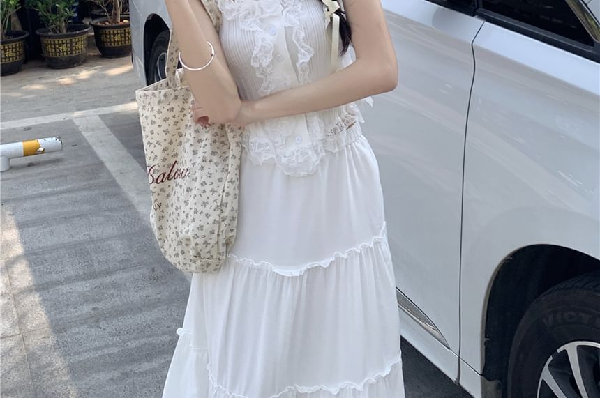 High Rise Plain Maxi A-Line Skirt / Lace Trim Tank Top