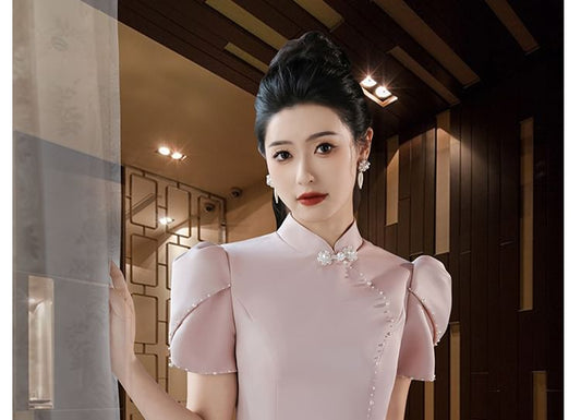 Puff-Sleeve Stand Collar Faux Pearl A-Line Evening Gown