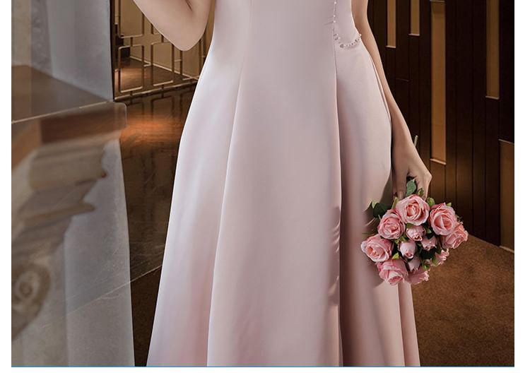 Puff-Sleeve Stand Collar Faux Pearl A-Line Evening Gown