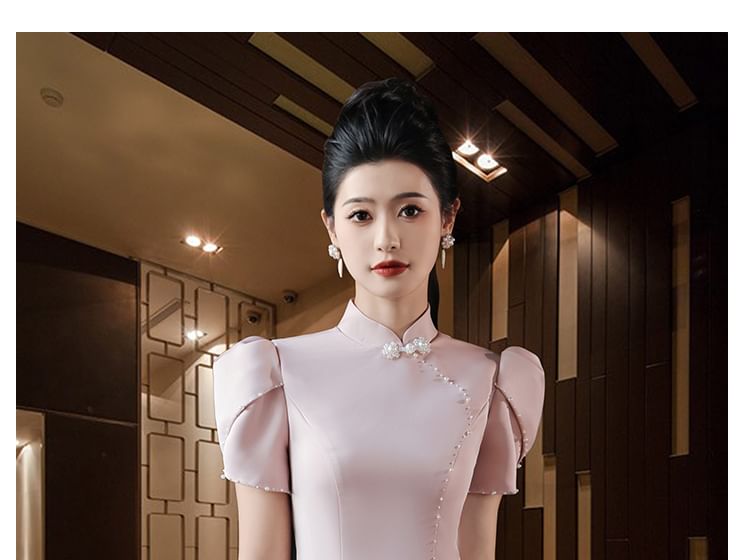 Puff-Sleeve Stand Collar Faux Pearl A-Line Evening Gown