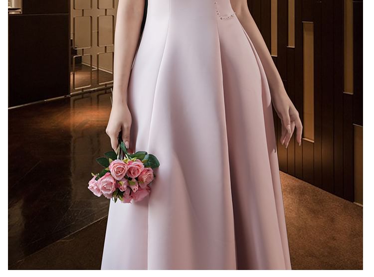 Puff-Sleeve Stand Collar Faux Pearl A-Line Evening Gown