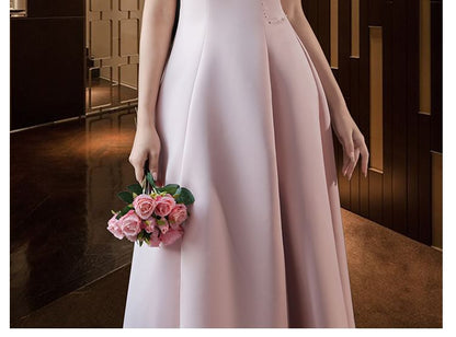 Puff-Sleeve Stand Collar Faux Pearl A-Line Evening Gown