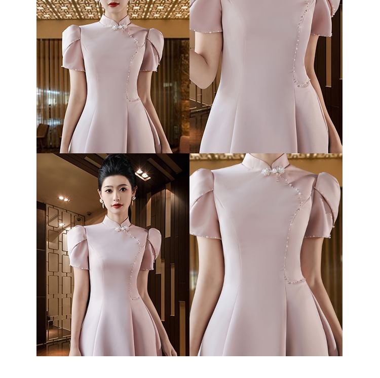 Puff-Sleeve Stand Collar Faux Pearl A-Line Evening Gown