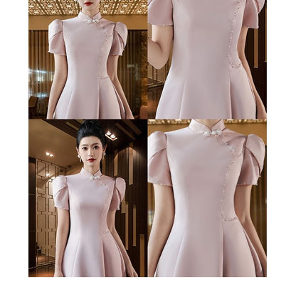 Puff-Sleeve Stand Collar Faux Pearl A-Line Evening Gown