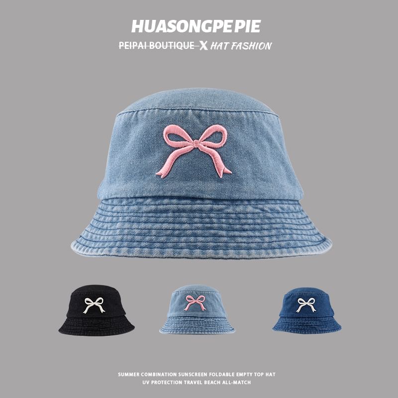 Denim Bucket Embroidered Hat Bow