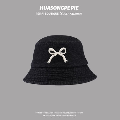 Denim Bucket Embroidered Hat Bow