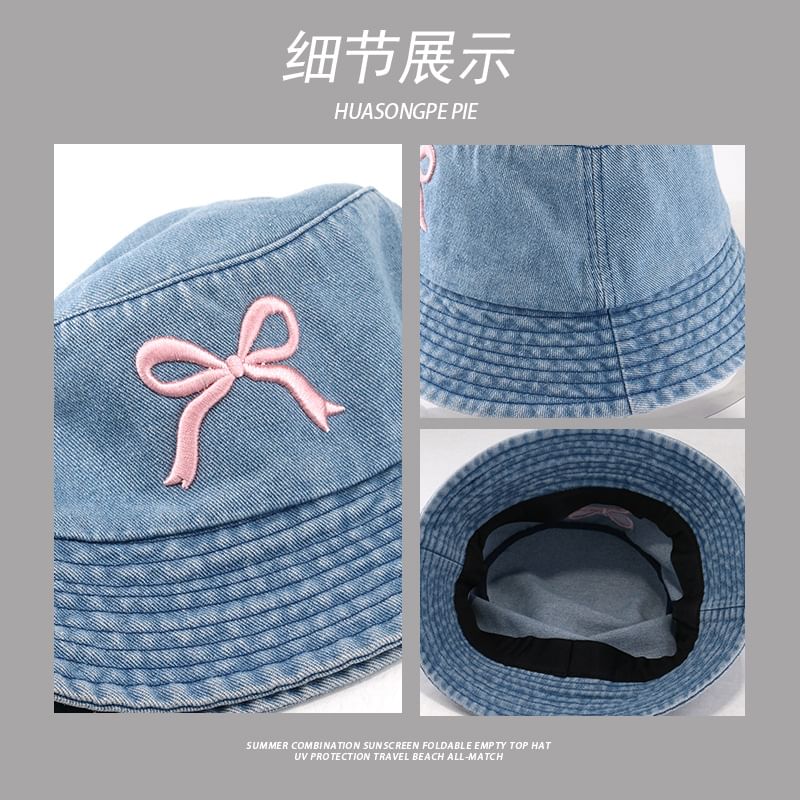 Denim Bucket Embroidered Hat Bow