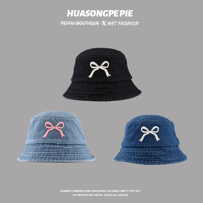 Denim Bucket Embroidered Hat Bow