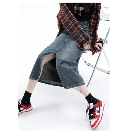 High Rise Slit Washed Denim Midi Pencil Skirt