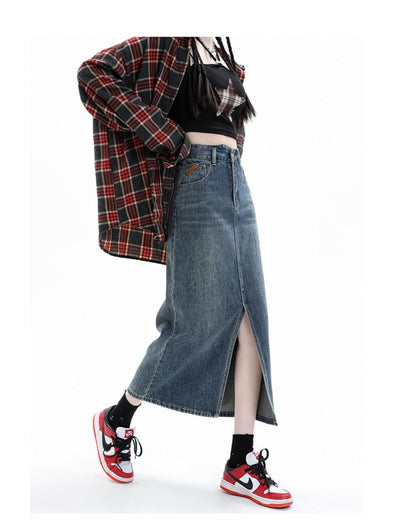 High Rise Slit Washed Denim Midi Pencil Skirt