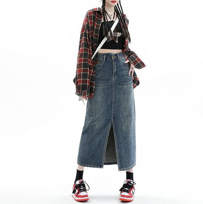 High Rise Slit Washed Denim Midi Pencil Skirt