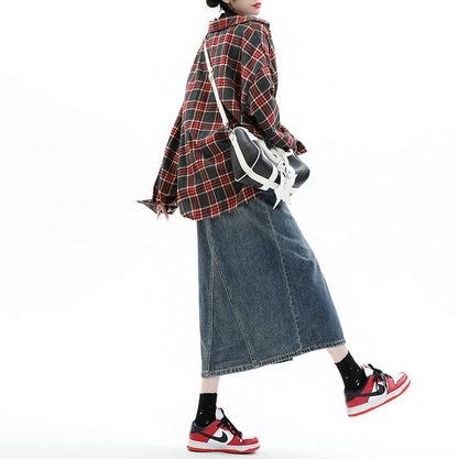 High Rise Slit Washed Denim Midi Pencil Skirt