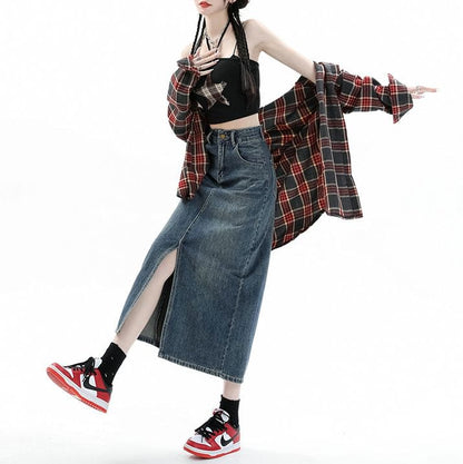 High Rise Slit Washed Denim Midi Pencil Skirt