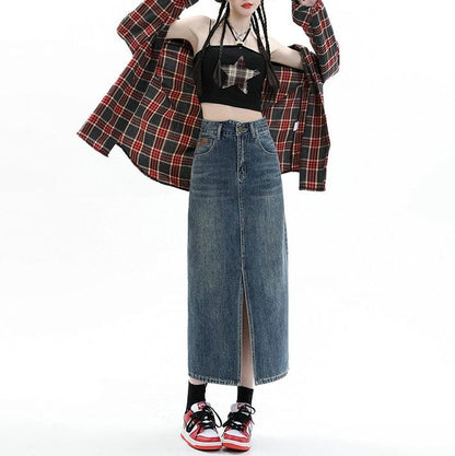 High Rise Slit Washed Denim Midi Pencil Skirt