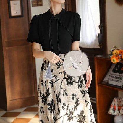 Short-Sleeve Mandarin Collar Floral Panel Midi A-Line Dress