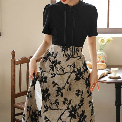 Short-Sleeve Mandarin Collar Floral Panel Midi A-Line Dress