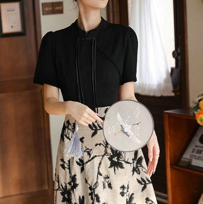 Short-Sleeve Mandarin Collar Floral Panel Midi A-Line Dress