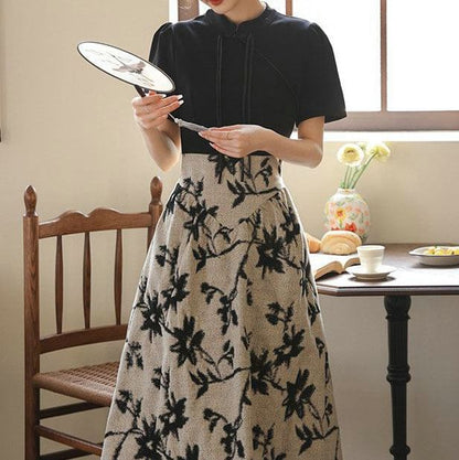 Short-Sleeve Mandarin Collar Floral Panel Midi A-Line Dress