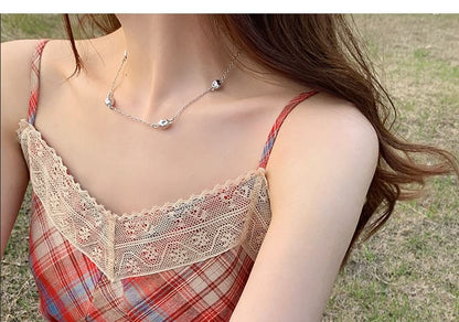 Spaghetti Strap Plaid Lace Trim Midi A-Line Dress