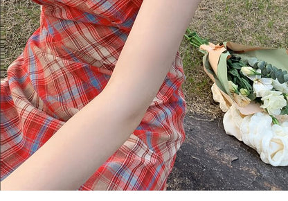 Spaghetti Strap Plaid Lace Trim Midi A-Line Dress