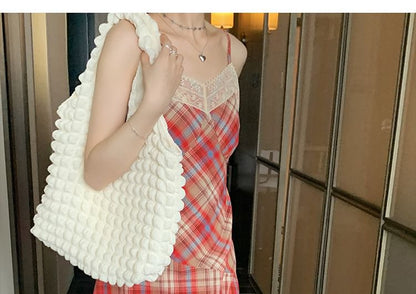 Spaghetti Strap Plaid Lace Trim Midi A-Line Dress