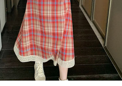 Spaghetti Strap Plaid Lace Trim Midi A-Line Dress