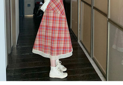 Spaghetti Strap Plaid Lace Trim Midi A-Line Dress