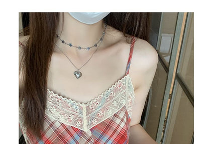 Spaghetti Strap Plaid Lace Trim Midi A-Line Dress