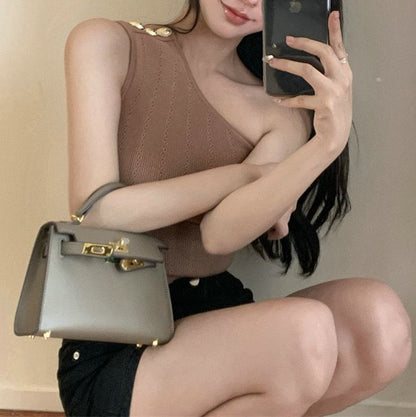 One-Shoulder Plain Knit Tank Top