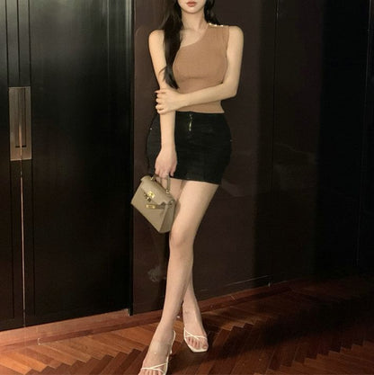 One-Shoulder Plain Knit Tank Top