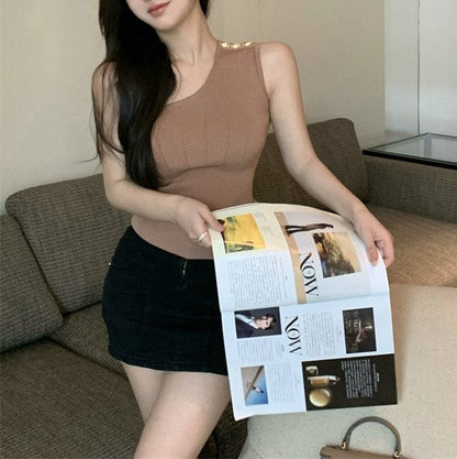 One-Shoulder Plain Knit Tank Top