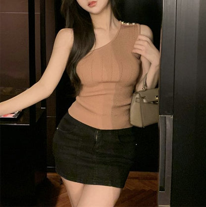 One-Shoulder Plain Knit Tank Top