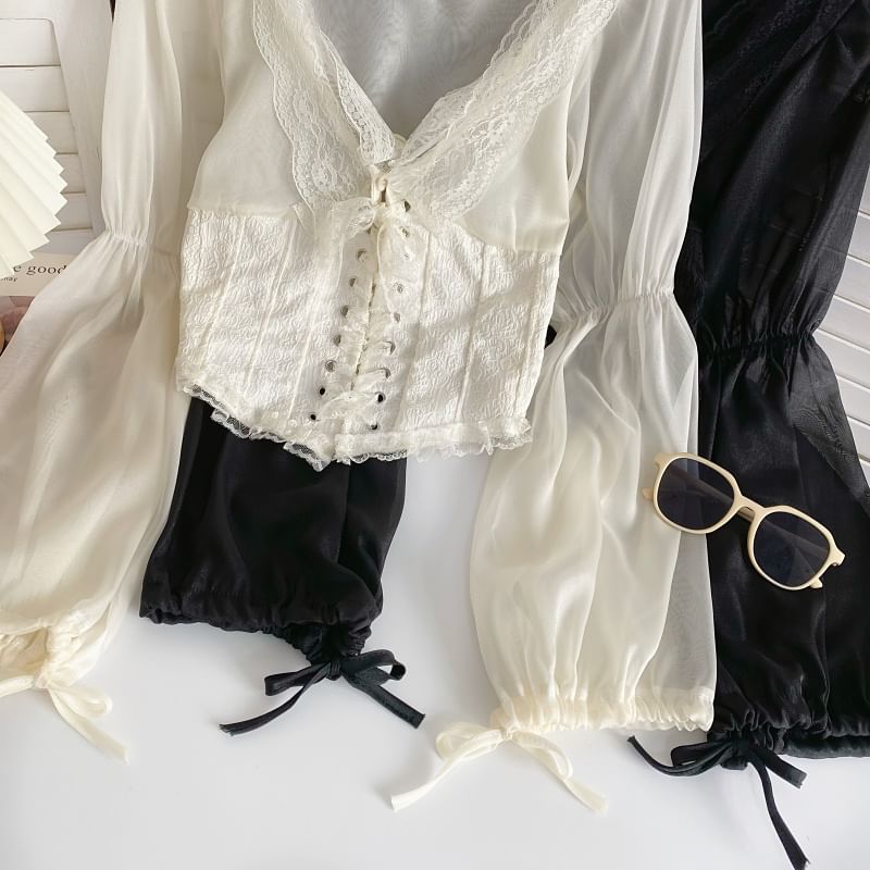 V-Neck Plain Lace Trim Bustier Blouse