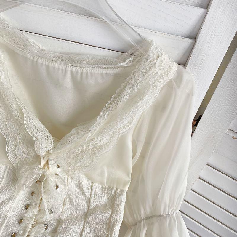 V-Neck Plain Lace Trim Bustier Blouse