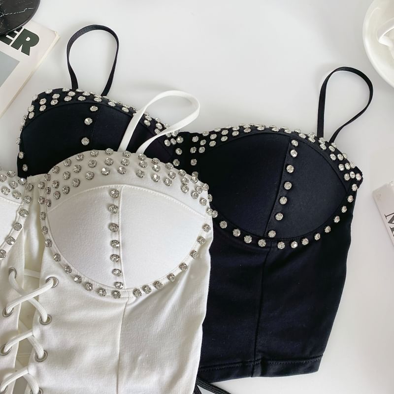 Bustier-Top mit Strasssteinen und Schnürung