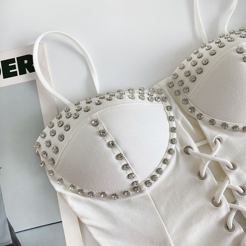 Bustier-Top mit Strasssteinen und Schnürung