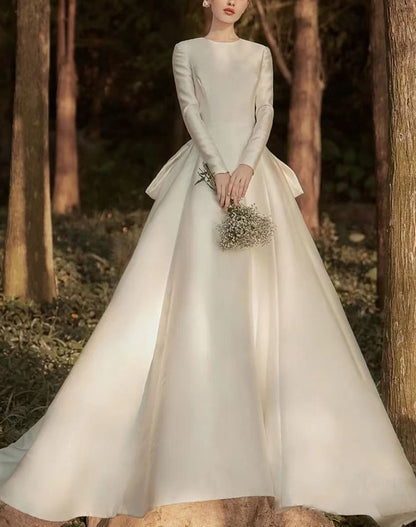 Long-Sleeve Silky A-Line Wedding Gown