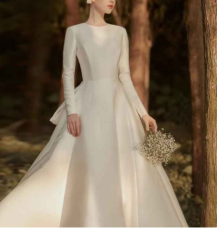 Long-Sleeve Silky A-Line Wedding Gown