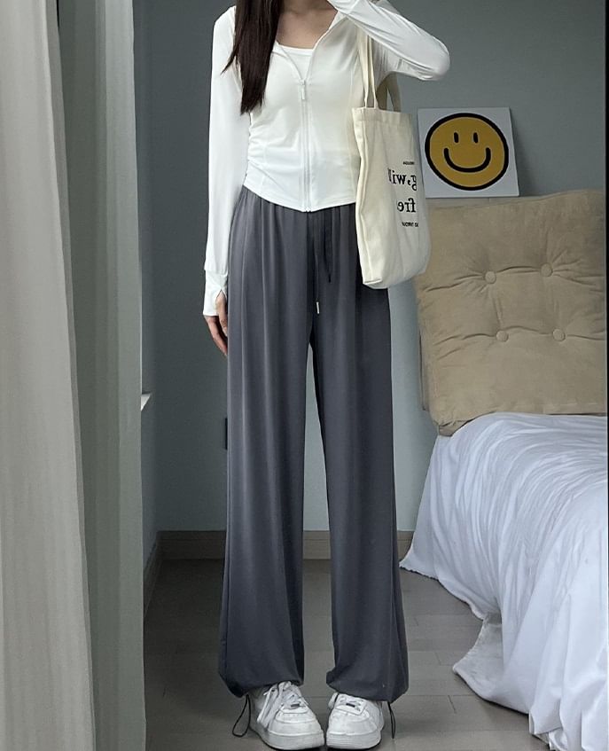 High Rise Plain Drawstring Gather Cuff Wide Leg Sweatpants