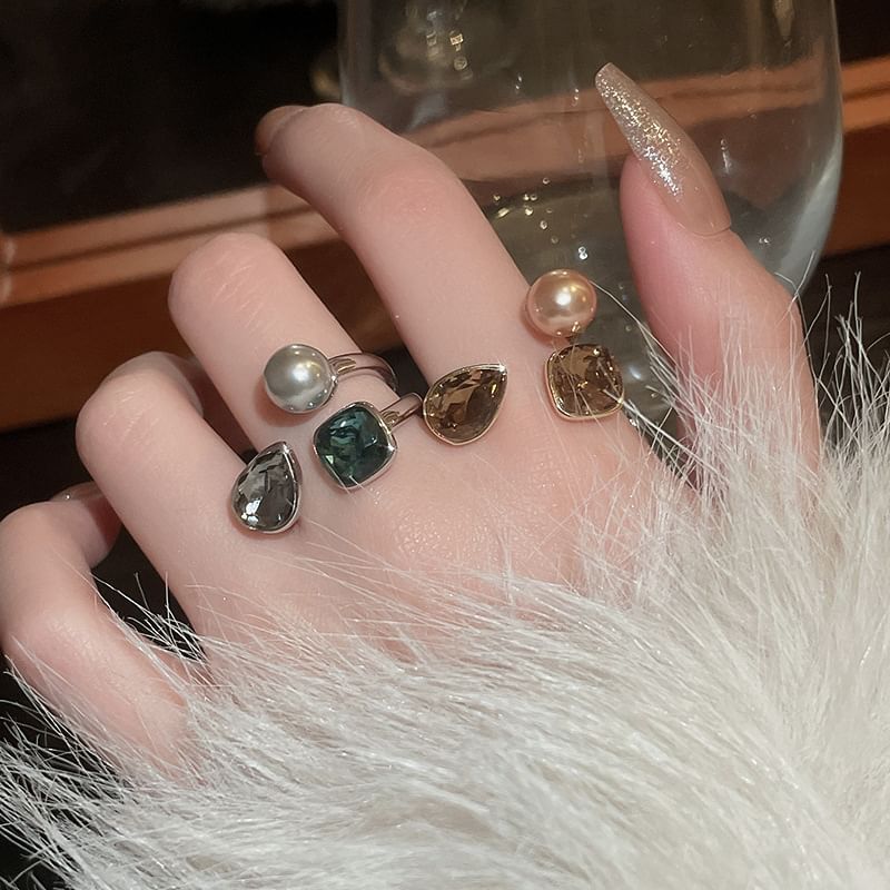 Rhinestone Faux Pearl Layered Open Ring