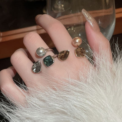 Rhinestone Faux Pearl Layered Open Ring