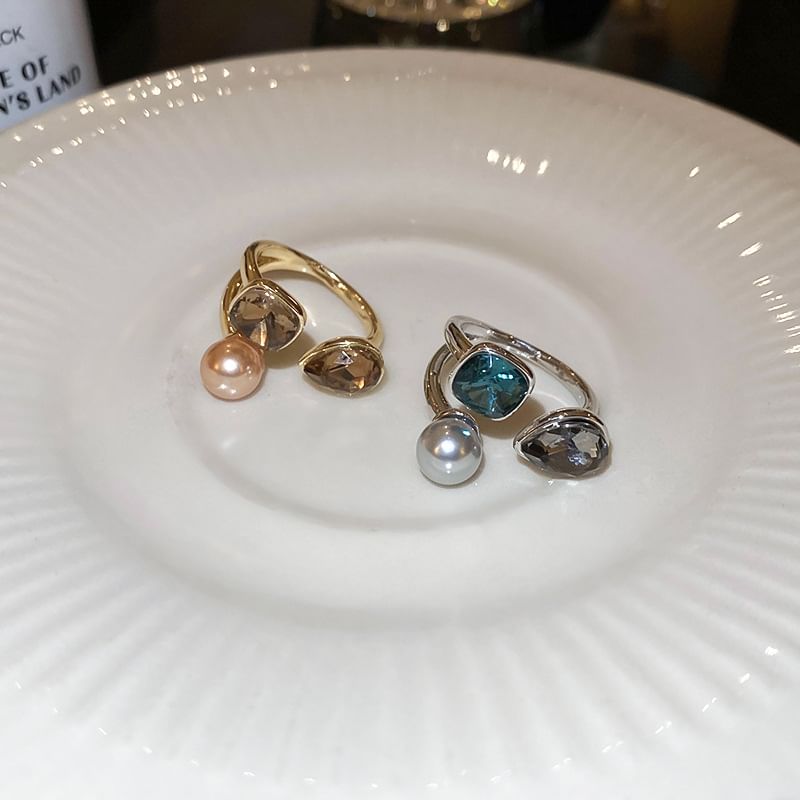 Rhinestone Faux Pearl Layered Open Ring