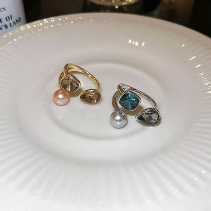 Rhinestone Faux Pearl Layered Open Ring