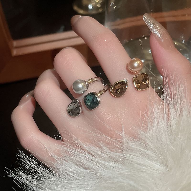 Rhinestone Faux Pearl Layered Open Ring