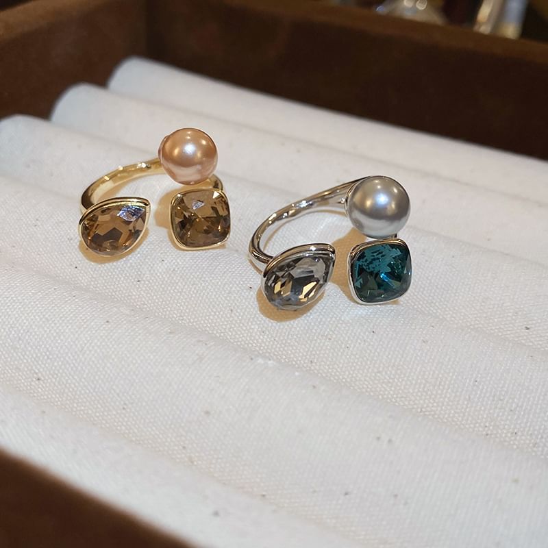 Rhinestone Faux Pearl Layered Open Ring